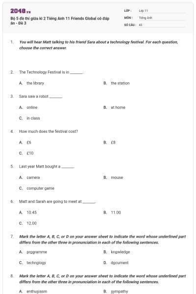 Bộ 5 đề thi giữa kì 2 Tiếng Anh 11 Friends Global có đáp án - Đề 3