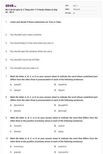 Bộ 5 đề thi giữa kì 2 Tiếng Anh 11 Friends Global có đáp án - Đề 4