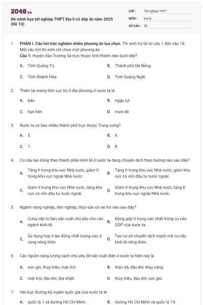 Đề minh họa tốt nghiệp THPT Địa lí có đáp án năm 2025 (Đề 10)
