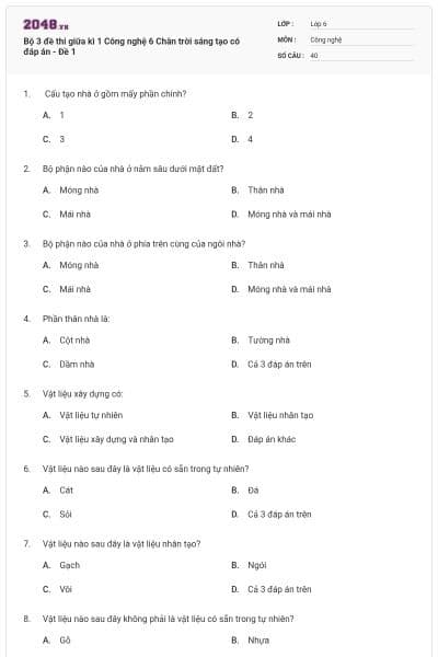 Bộ 3 đề thi giữa kì 1 Công nghệ 6 Chân trời sáng tạo có đáp án - Đề 1