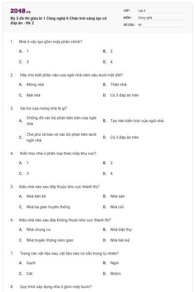 Bộ 3 đề thi giữa kì 1 Công nghệ 6 Chân trời sáng tạo có đáp án - Đề 2