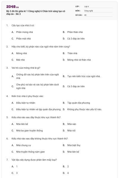 Bộ 3 đề thi giữa kì 1 Công nghệ 6 Chân trời sáng tạo có đáp án - Đề 3