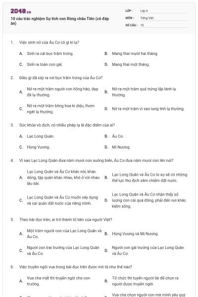 10 câu trắc nghiệm Sự tích con Rồng cháu Tiên (có đáp án)