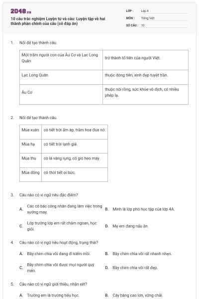 10 câu trắc nghiệm Luyện từ và câu: Luyện tập về hai thành phần chính của câu (có đáp án)