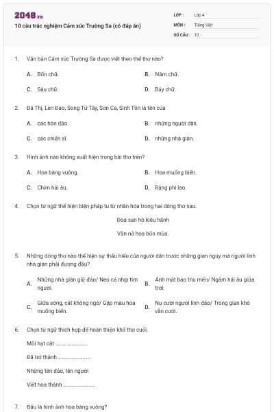 10 câu trắc nghiệm Cảm xúc Trường Sa (có đáp án)