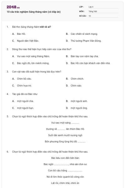 10 câu trắc nghiệm Sáng tháng năm (có đáp án)