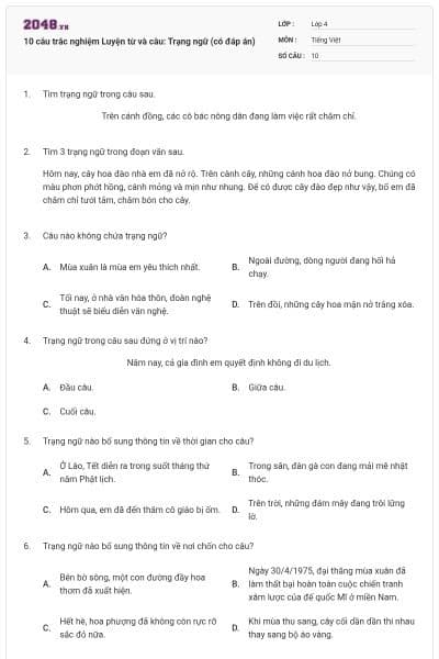 10 câu trắc nghiệm Luyện từ và câu: Trạng ngữ (có đáp án)