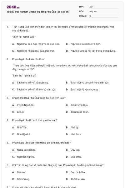 10 câu trắc nghiệm Chàng trai làng Phù Ủng (có đáp án)