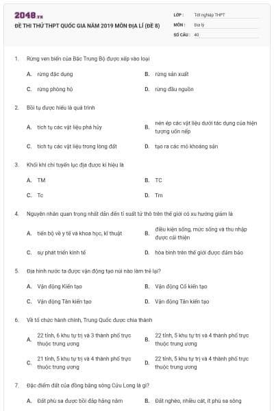 ĐỀ THI THỬ THPT QUỐC GIA NĂM 2019 MÔN ĐỊA LÍ (ĐỀ 8)