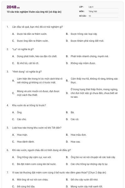 10 câu trắc nghiệm Vườn của ông tôi (có đáp án)