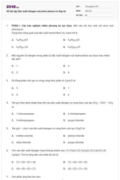 50 bài tập Dẫn xuất halogen-alccohol-phenol có đáp án