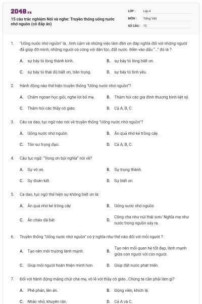 15 câu trắc nghiệm Nói và nghe: Truyền thống uống nước nhớ nguồn (có đáp án)