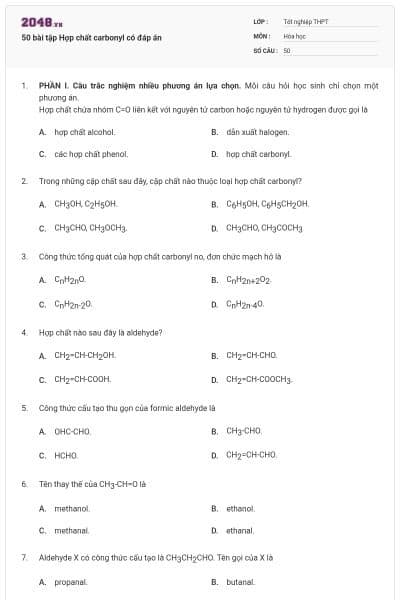 50 bài tập Hợp chất carbonyl có đáp án