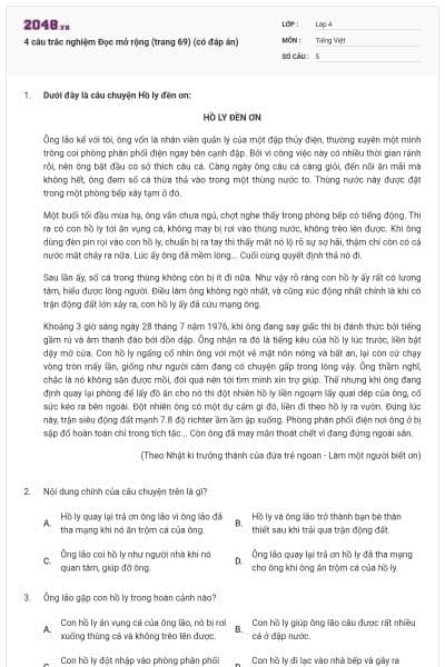 4 câu trắc nghiệm Đọc mở rộng (trang 69) (có đáp án)