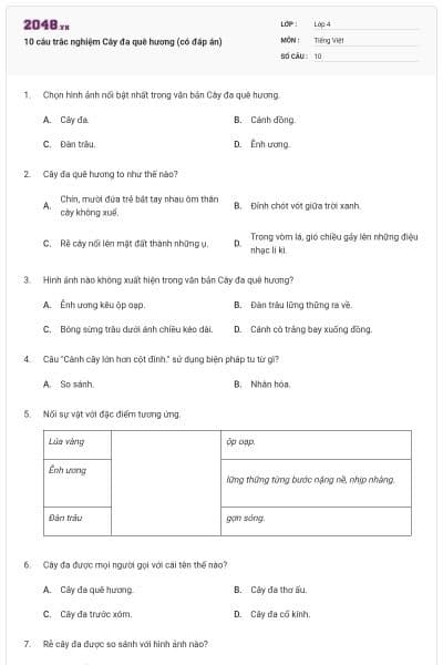 10 câu trắc nghiệm Cây đa quê hương (có đáp án)