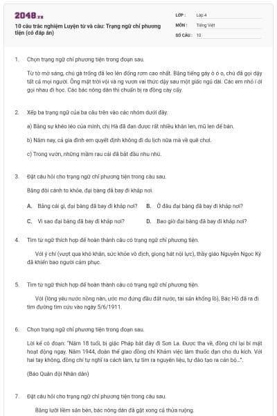 10 câu trắc nghiệm Luyện từ và câu: Trạng ngữ chỉ phương tiện (có đáp án)