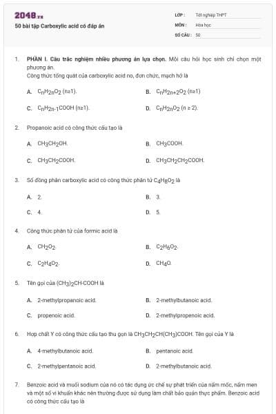 50 bài tập Carboxylic acid có đáp án
