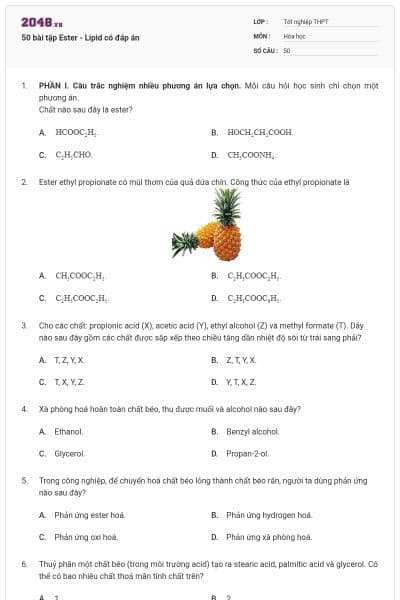 50 bài tập Ester - Lipid có đáp án