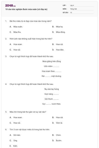 10 câu trắc nghiệm Bước mùa xuân (có đáp án)