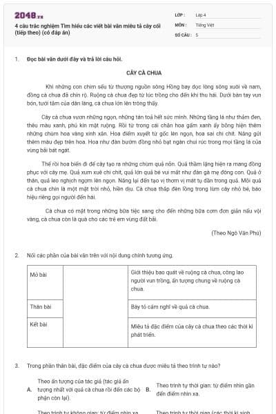 4 câu trắc nghiệm Tìm hiểu các viết bài văn miêu tả cây cối (tiếp theo) (có đáp án)