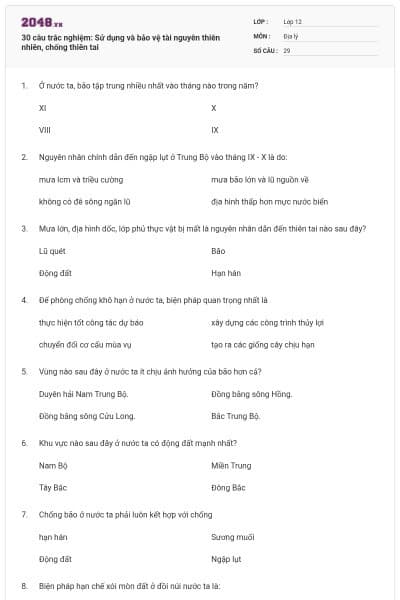 30 câu trắc nghiệm: Sử dụng và bảo vệ tài nguyên thiên nhiên, chống thiên tai