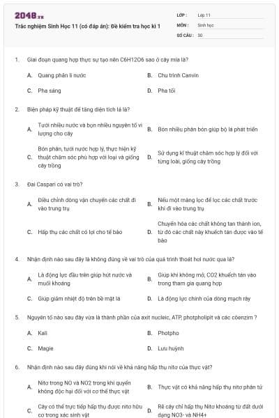 Trắc nghiệm Sinh Học 11 (có đáp án): Đề kiểm tra học kì 1