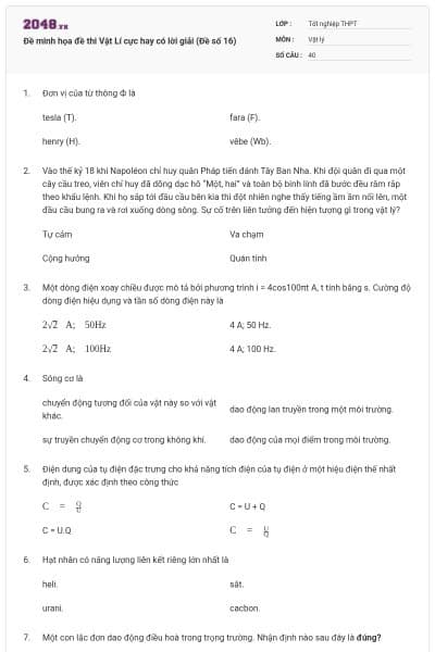 Đề minh họa đề thi Vật Lí cực hay có lời giải (Đề số 16)