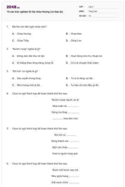 10 câu trắc nghiệm Đi hội chùa Hương (có đáp án)