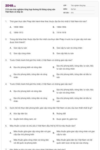 210 câu trắc nghiệm tổng hợp Đường lối Đảng cộng sản Việt Nam có đáp án