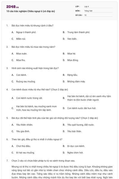 10 câu trắc nghiệm Chiều ngoại ô (có đáp án)