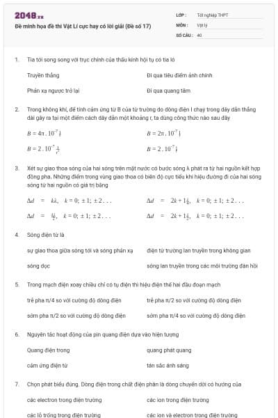 Đề minh họa đề thi Vật Lí cực hay có lời giải (Đề số 17)