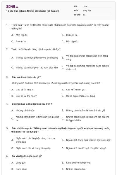 16 câu trắc nghiệm Những cánh buồm (có đáp án)