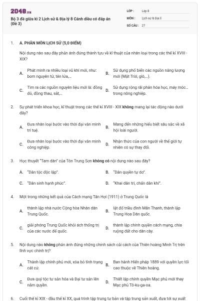 Bộ 3 đề giữa kì 2 Lịch sử & Địa lý 8 Cánh diều có đáp án (Đề 3)
