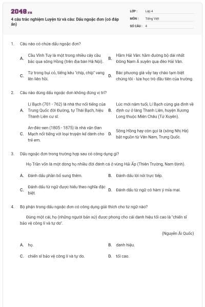 4 câu trắc nghiệm Luyện từ và câu: Dấu ngoặc đơn (có đáp án)