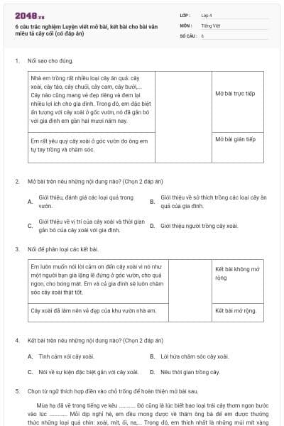 6 câu trắc nghiệm Luyện viết mở bài, kết bài cho bài văn miêu tả cây cối (có đáp án)
