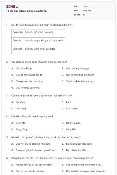 10 câu trắc nghiệm Cái cầu (có đáp án)