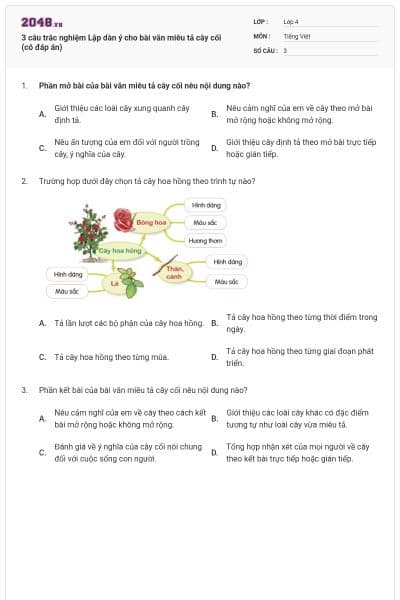 3 câu trắc nghiệm Lập dàn ý cho bài văn miêu tả cây cối (có đáp án)