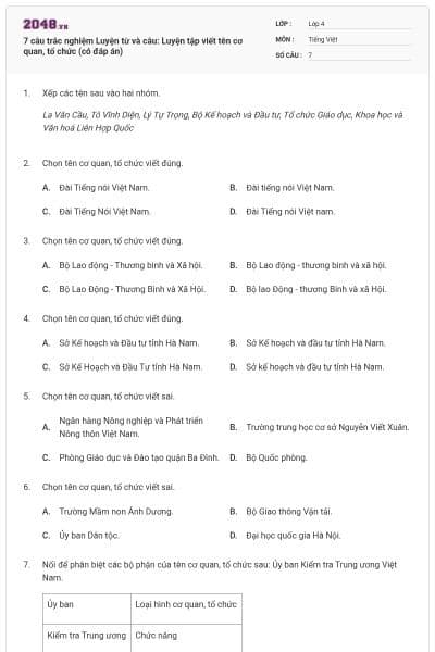 7 câu trắc nghiệm Luyện từ và câu: Luyện tập viết tên cơ quan, tổ chức (có đáp án)