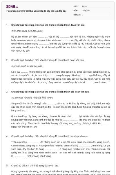 7 câu trắc nghiệm Viết bài văn miêu tả cây cối (có đáp án)