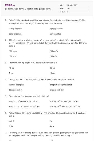 Đề minh họa đề thi Vật Lí cực hay có lời giải (Đề số 18)