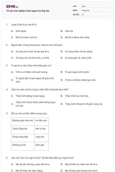 10 câu trắc nghiệm Quê ngoại (có đáp án)