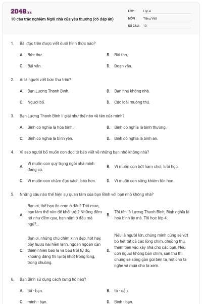 10 câu trắc nghiệm Ngôi nhà của yêu thương (có đáp án)