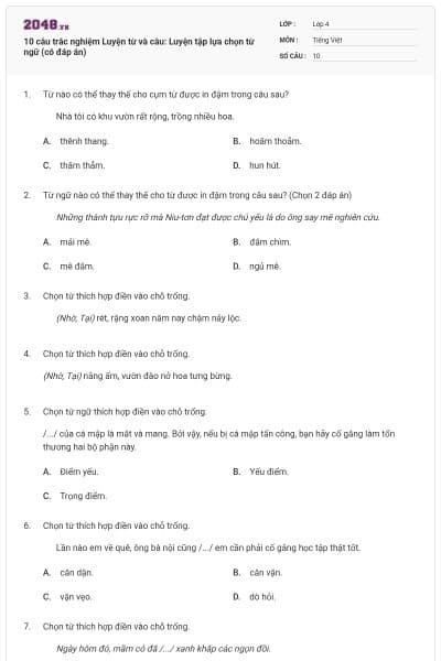 10 câu trắc nghiệm Luyện từ và câu: Luyện tập lựa chọn từ ngữ (có đáp án)