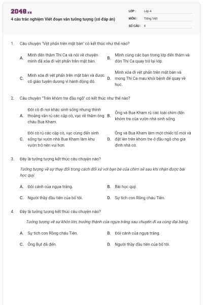 4 câu trắc nghiệm Viết đoạn văn tưởng tượng (có đáp án)