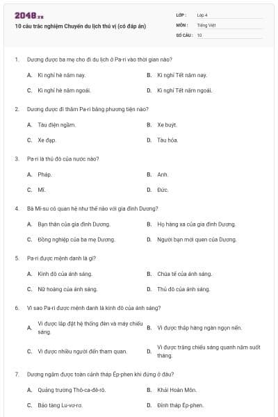 10 câu trắc nghiệm Chuyến du lịch thú vị (có đáp án)