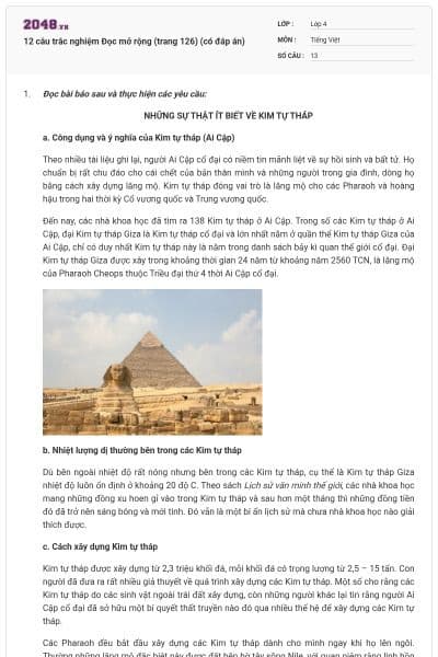 12 câu trắc nghiệm Đọc mở rộng (trang 126) (có đáp án)