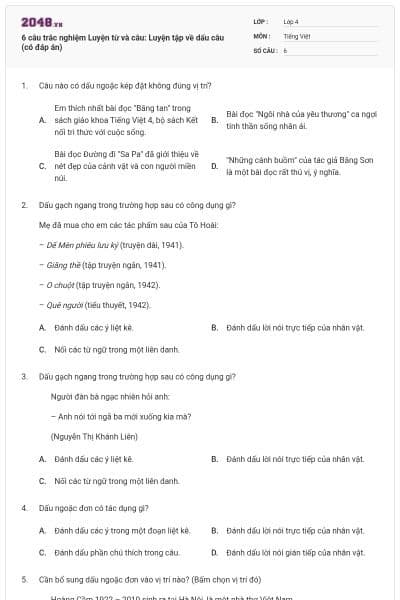 6 câu trắc nghiệm Luyện từ và câu: Luyện tập về dấu câu (có đáp án)