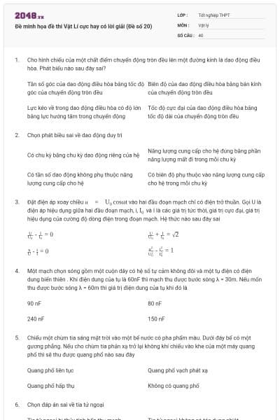 Đề minh họa đề thi Vật Lí cực hay có lời giải (Đề số 20)