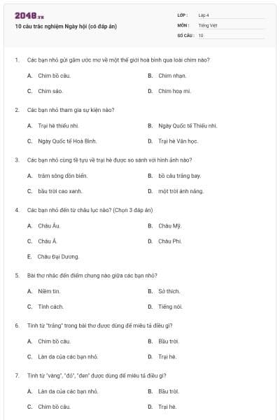 10 câu trắc nghiệm Ngày hội (có đáp án)