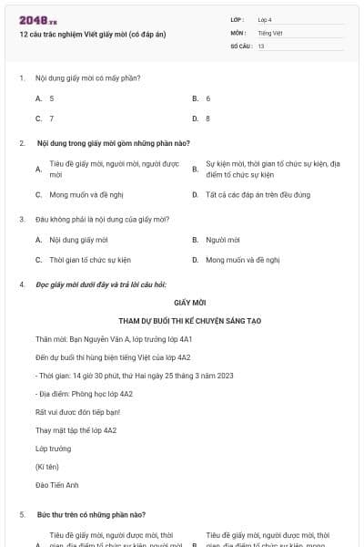 12 câu trắc nghiệm Viết giấy mời (có đáp án)